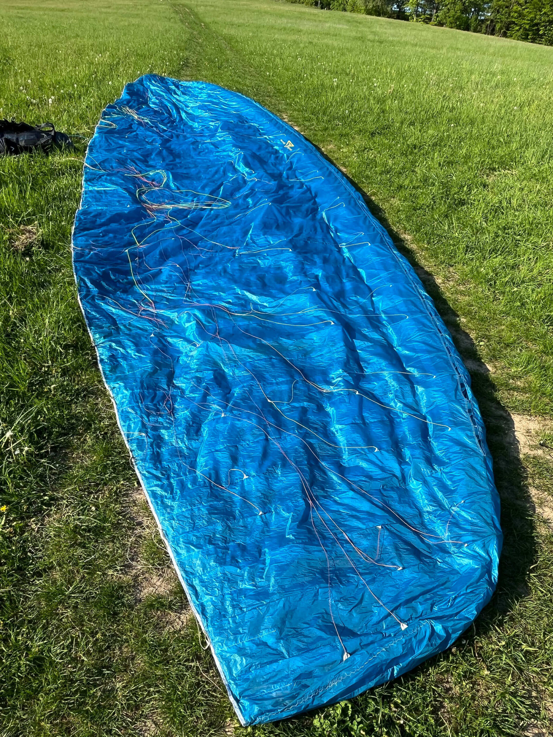 Paraglider 777 Rook 3 in blue and yellow laid out on grassy field, ready for launch