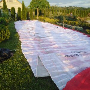 "Tandem Papillion P42 paraglider with full kit including harnesses, reserve, and accessories in excellent condition, for sale second hand."